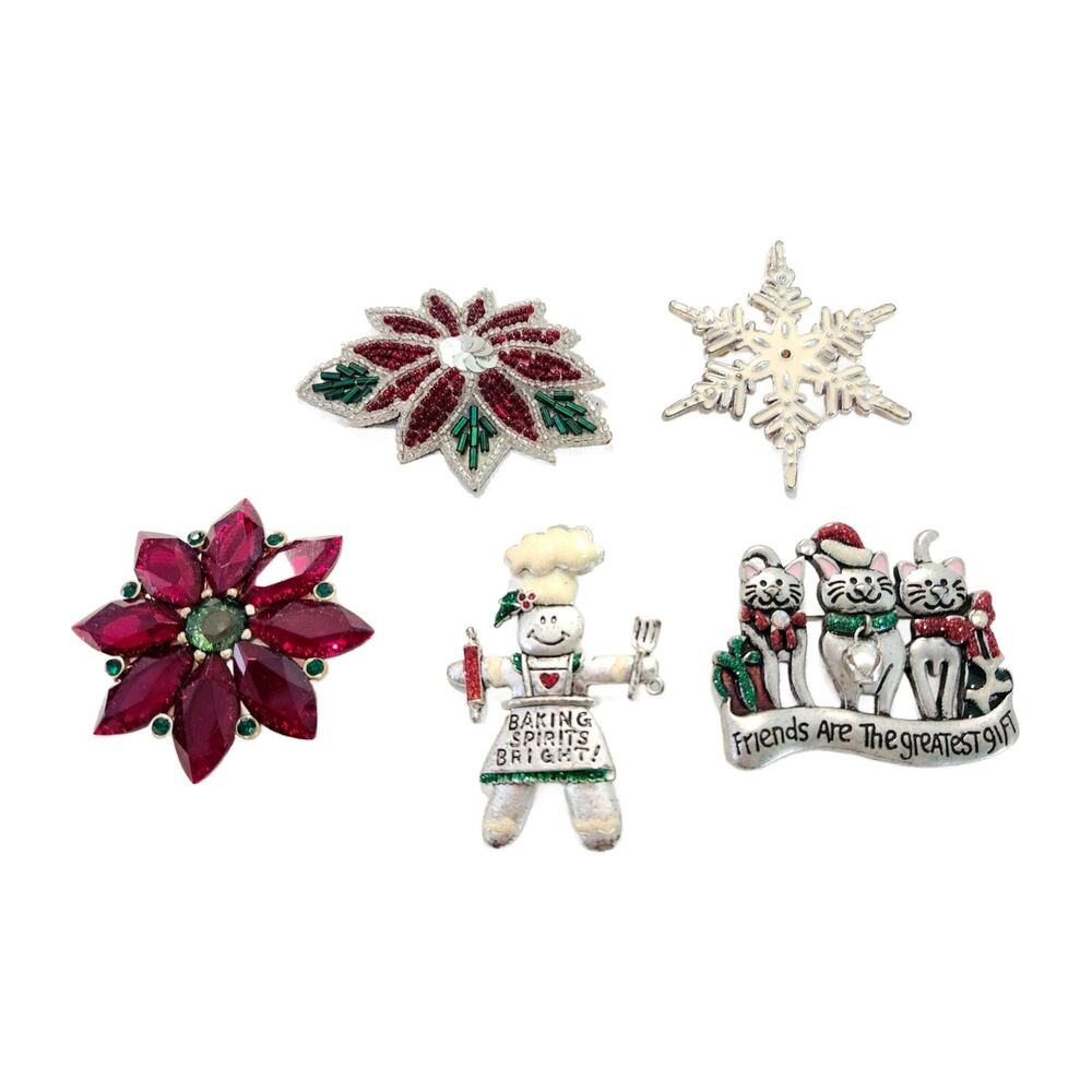 Vintage Christmas Brooch Lot of 5, Vintage Lapel Pin Bundle